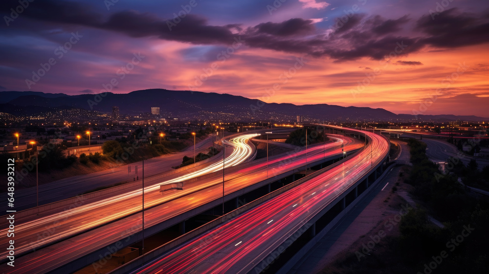 The motion blur of a busy urban highway during the evening rush hour. Generetive Ai