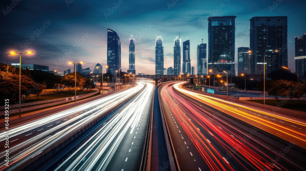 The motion blur of a busy urban highway during the evening rush hour. Generetive Ai