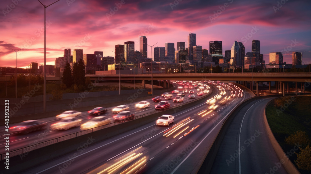 The motion blur of a busy urban highway during the evening rush hour. Generetive Ai