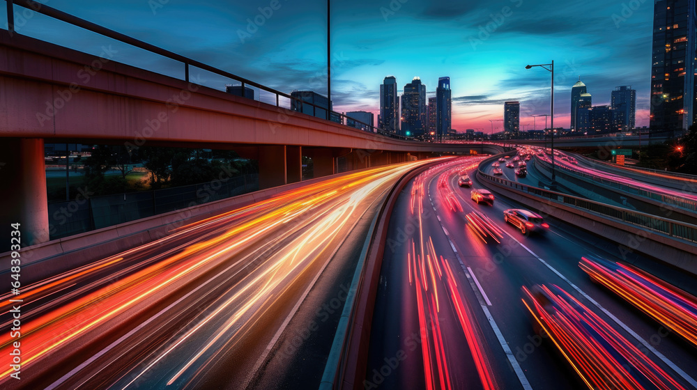 The motion blur of a busy urban highway during the evening rush hour. Generetive Ai