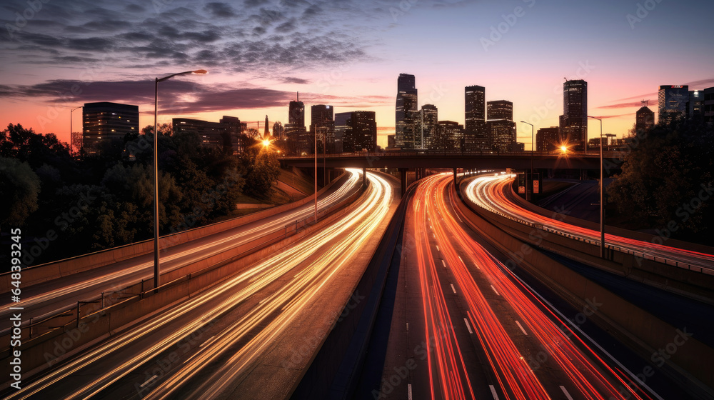 The motion blur of a busy urban highway during the evening rush hour. Generetive Ai