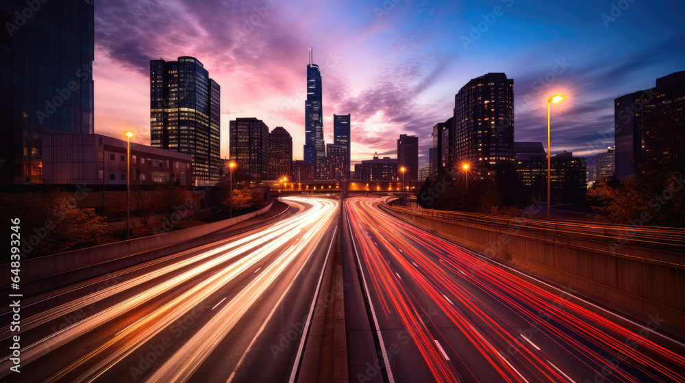 The motion blur of a busy urban highway during the evening rush hour. Generetive Ai