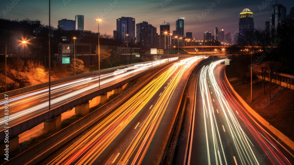 The motion blur of a busy urban highway during the evening rush hour. Generetive Ai