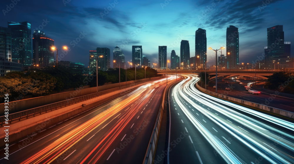 The motion blur of a busy urban highway during the evening rush hour. Generetive Ai