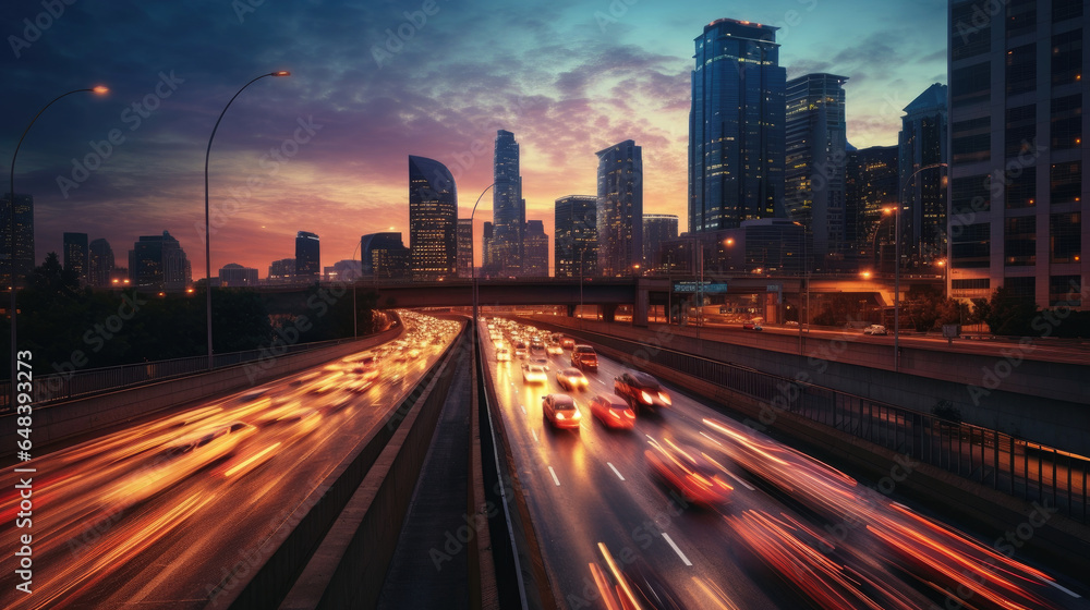 The motion blur of a busy urban highway during the evening rush hour. Generetive Ai