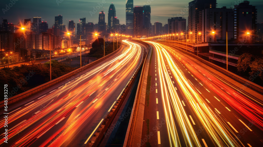 The motion blur of a busy urban highway during the evening rush hour. Generetive Ai