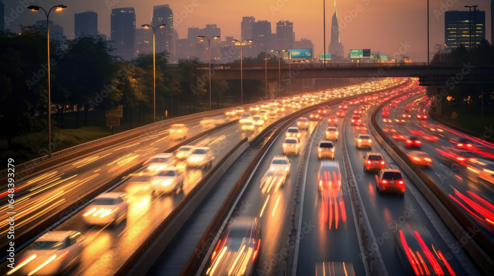 The motion blur of a busy urban highway during the evening rush hour. Generetive Ai