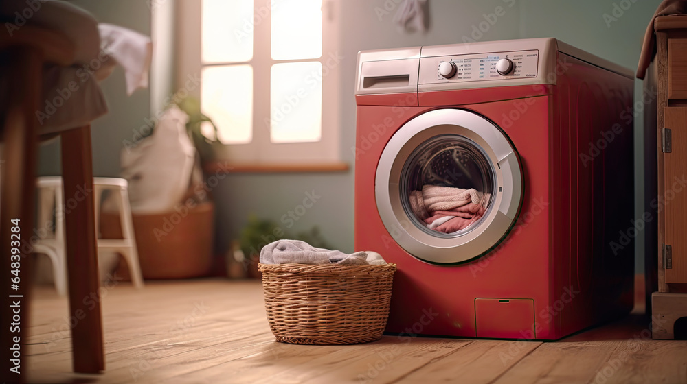 Washing machine, Washing gel and laundry basket in house. interior design. Generetive Ai