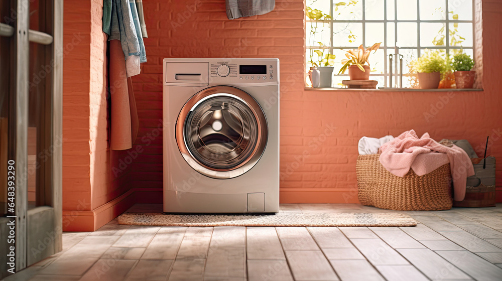 Washing machine, Washing gel and laundry basket in house. interior design. Generetive Ai