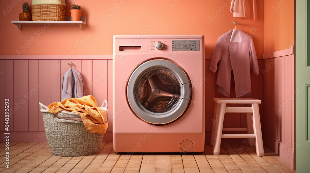 Washing machine, Washing gel and laundry basket in house. interior design. Generetive Ai