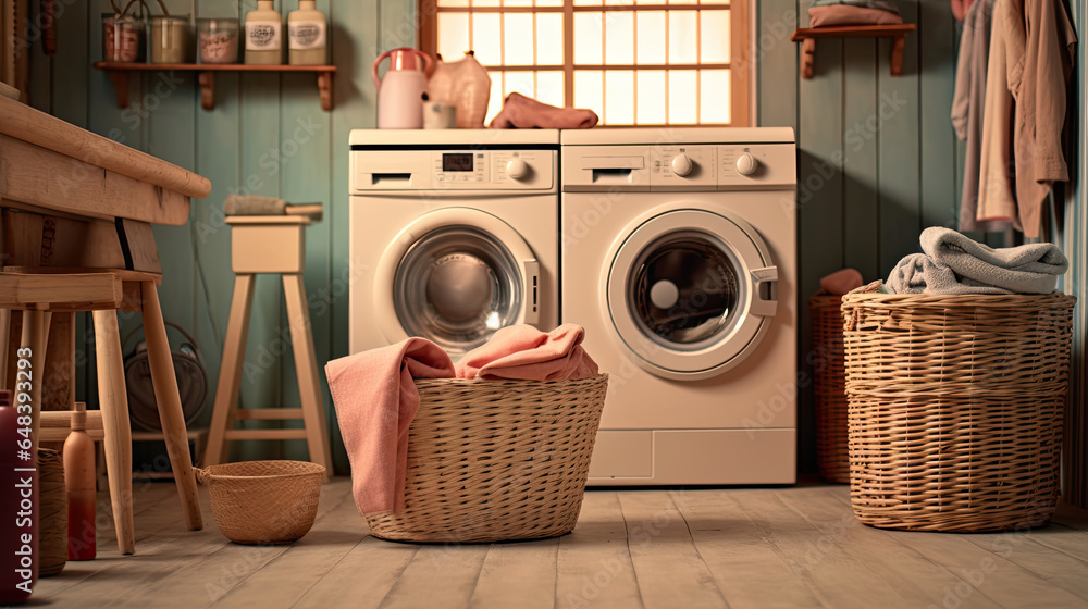 Washing machine, Washing gel and laundry basket in house. interior design. Generetive Ai