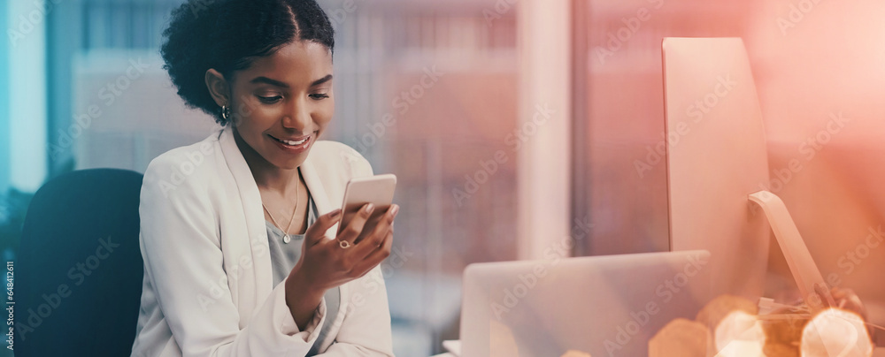 Smile, phone and black woman typing in office, social media and business networking. Smartphone, scroll and happy African professional consultant online, reading email notification and communication