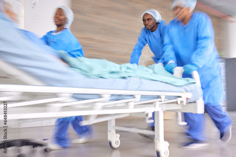 Surgery, emergency and running with doctors in hospital for medical, accident and operating room. Medicine, healthcare and wellness with people and rush in clinic for teamwork, fast and motion blur