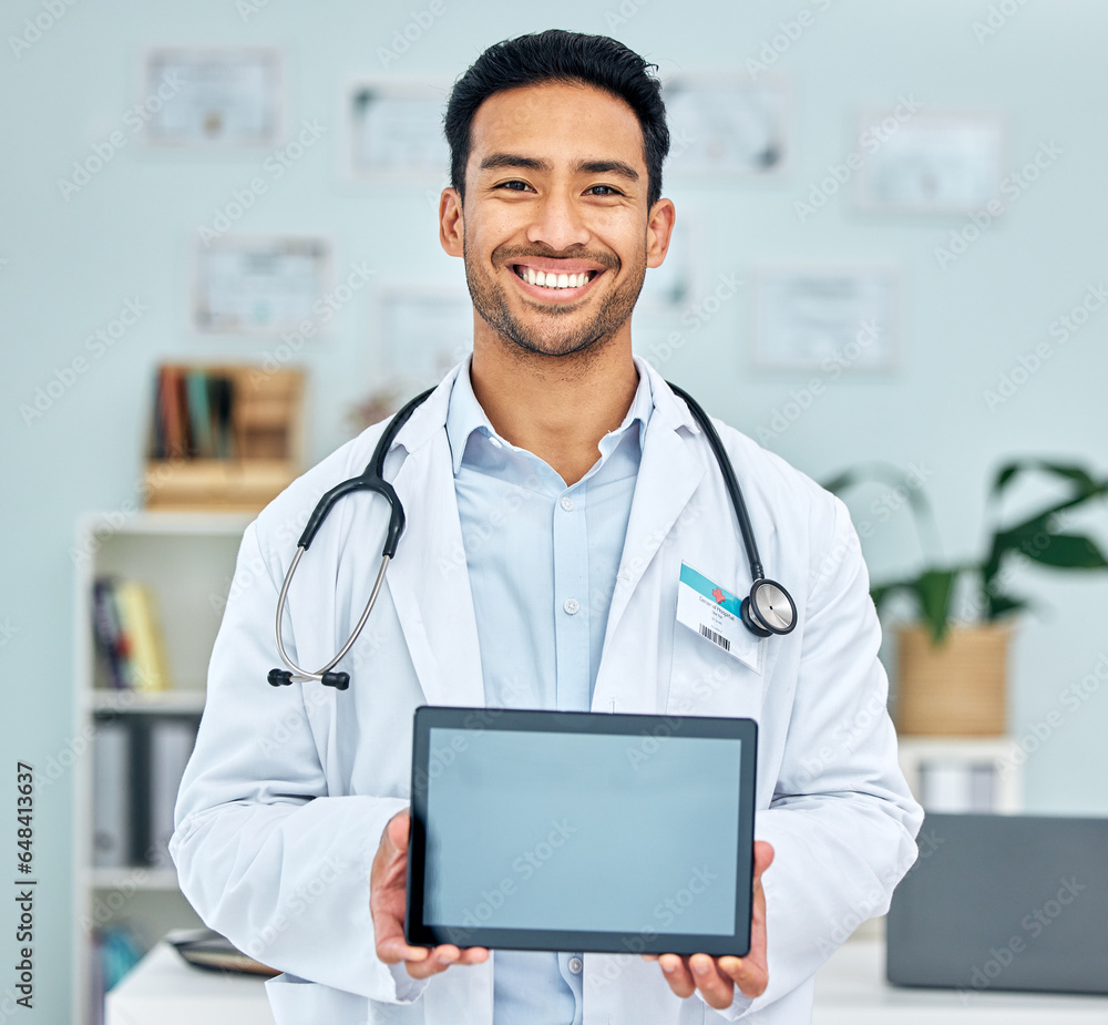 Portrait of doctor with tablet, screen and healthcare app in hospital office, online medicine mockup. Telehealth, man with smile and digital information on medical website, advice and help in clinic.