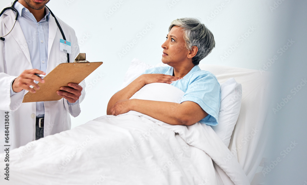 Woman in bed, doctor with medical chart and checklist for health insurance, consultation and diagnosis advice. Stress in hospital, healthcare professional with patient information, results and talk.