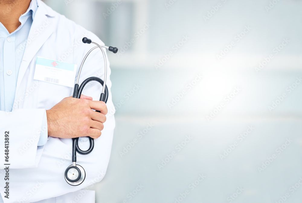 Closeup, mockup space and doctor with stethoscope, man and medicine with surgeon, physician and hospital. Zoom, person or hand with healthcare professional, medical equipment and employee with career