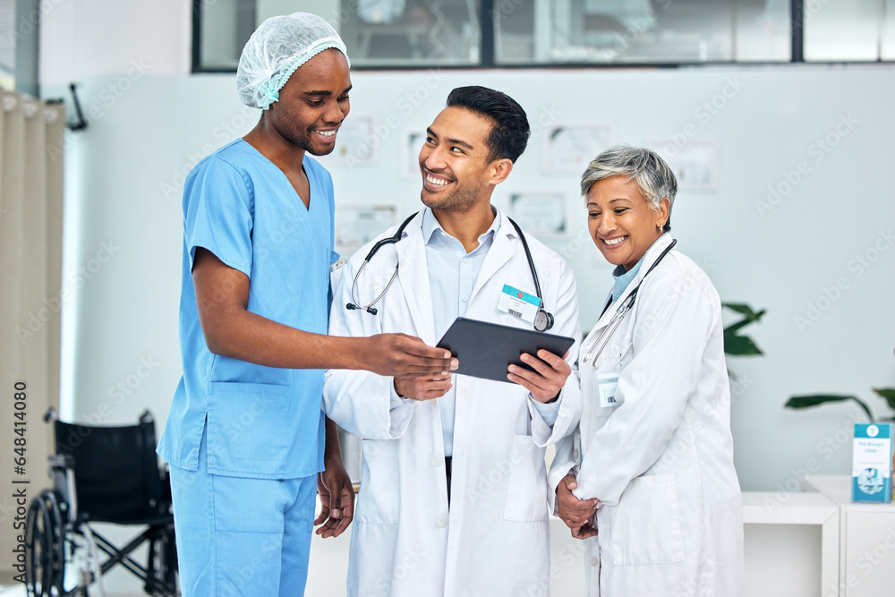 Group, doctors and nurse with a tablet, teamwork and connection with internet, conversation and network. Happy people, medical professionals and employees with technology, healthcare and planning