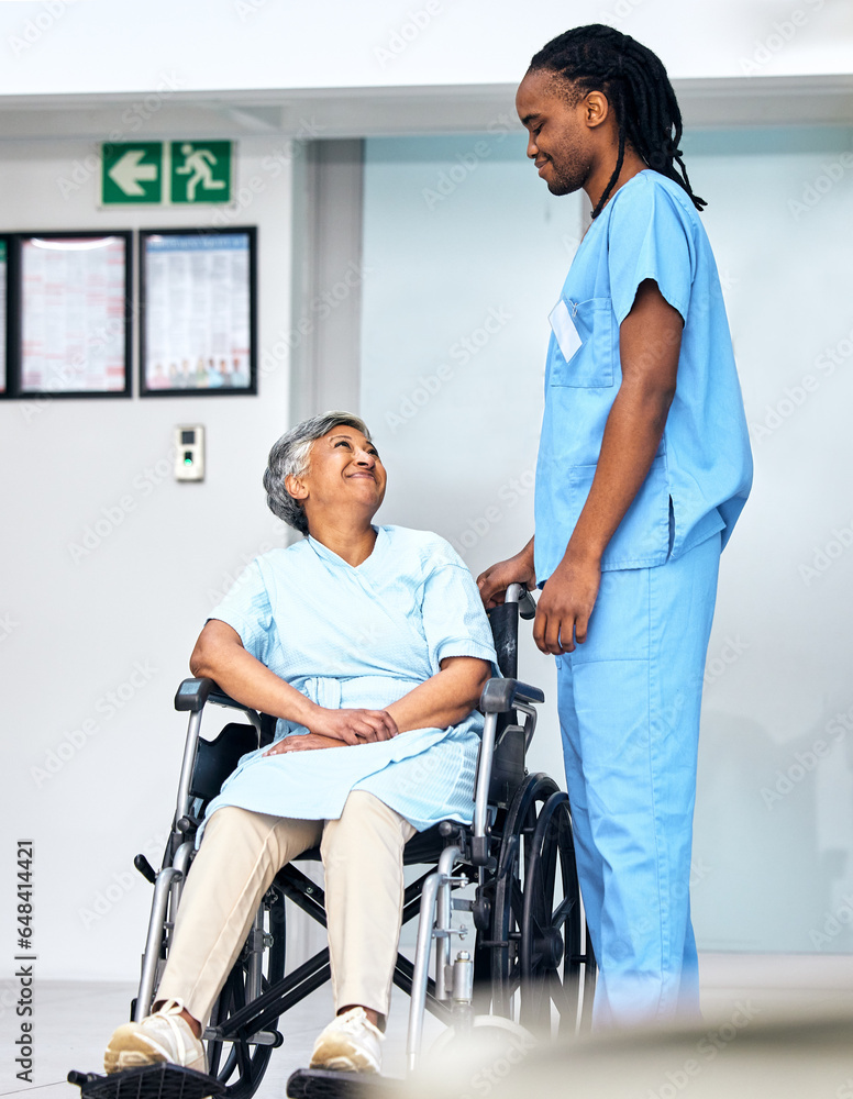 Healthcare, wheelchair and senior patient with her nurse in an assisted living home for care or service. Medical, smile and a black man caregiver working to help an elderly woman with a disability