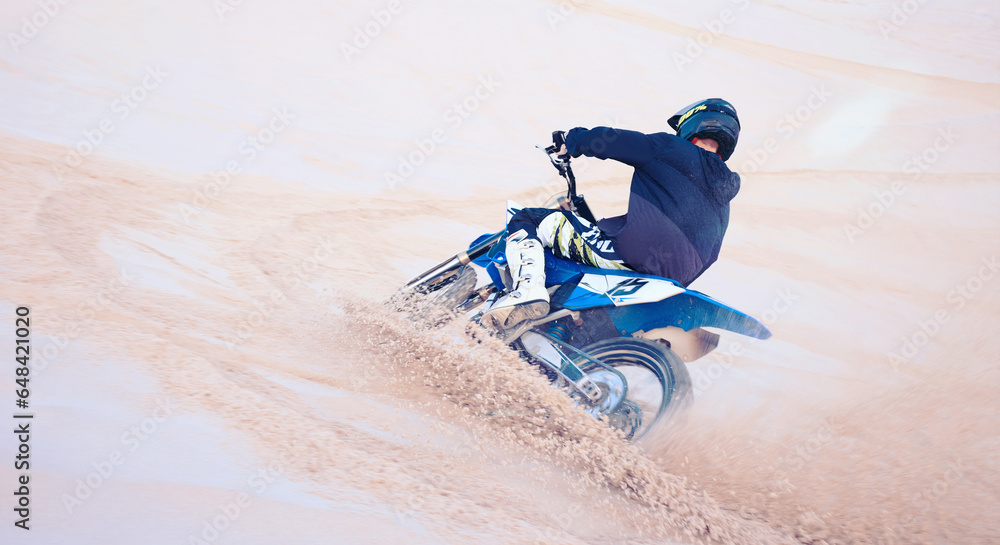 Sports, sand dunes and athlete on motorbike for action, adrenaline and skill training for challenge, Fitness, desert and man biker practicing for race, competition or performance adventure at a rally