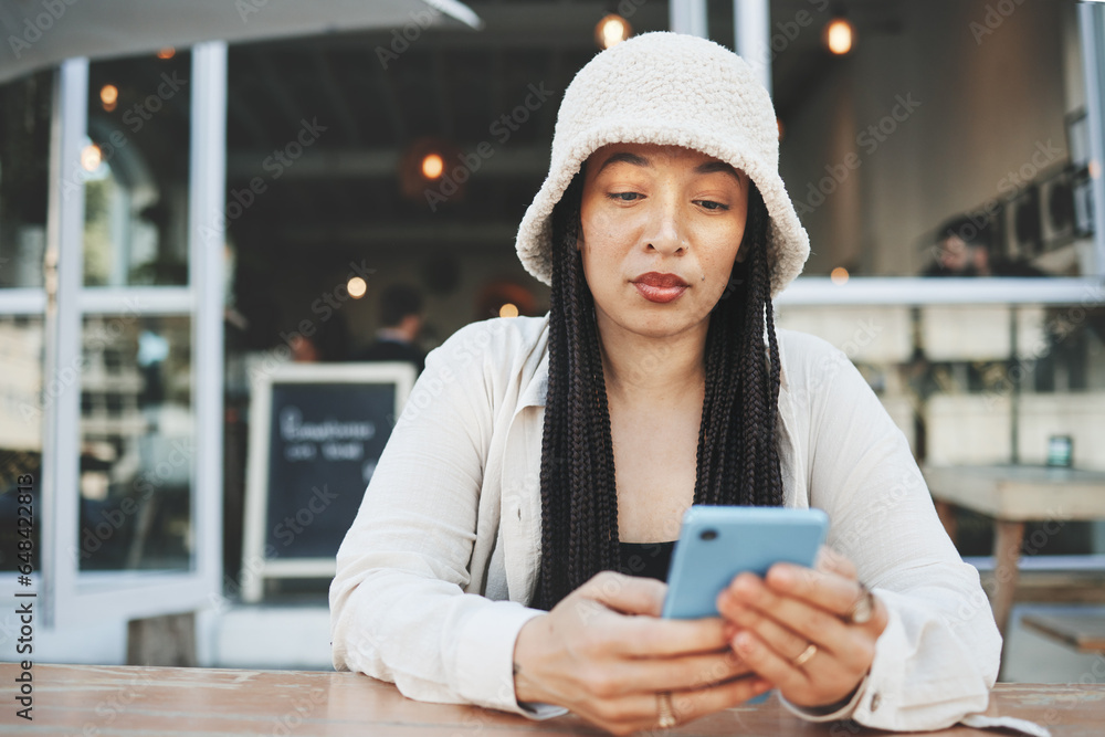 Phone, woman and reading internet chat with technology and connection at outdoor coffee shop. Smartphone, person and networking or online scroll for information, conversation and texting with network