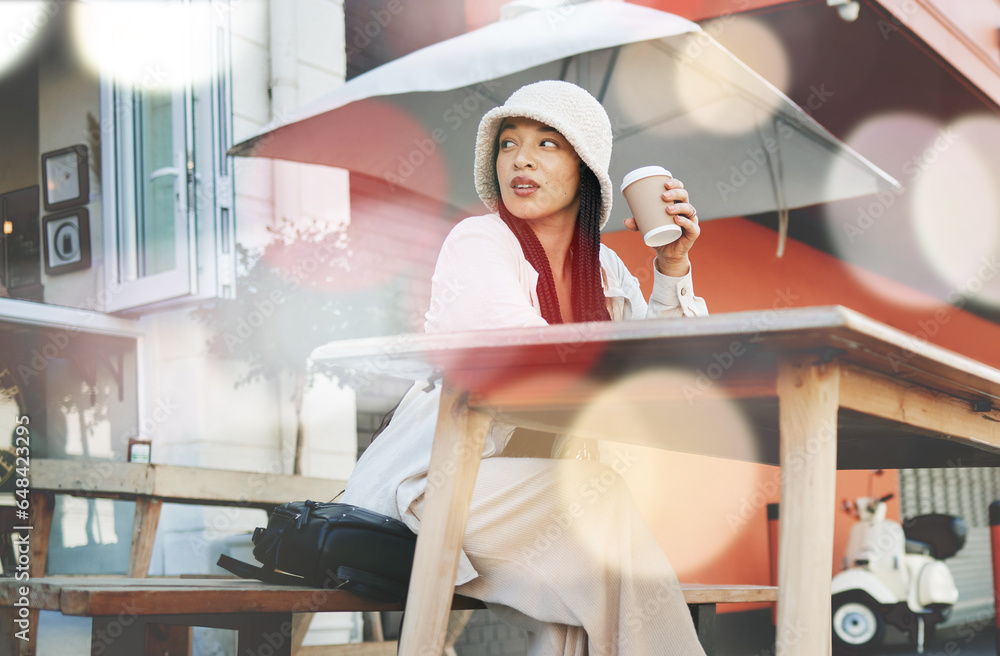 Outdoor, coffee shop and woman relax with drink at cafe, restaurant or patio at bistro with gen z in streetwear or urban fashion. City, style and trendy girl drinking cappuccino in cup with bokeh