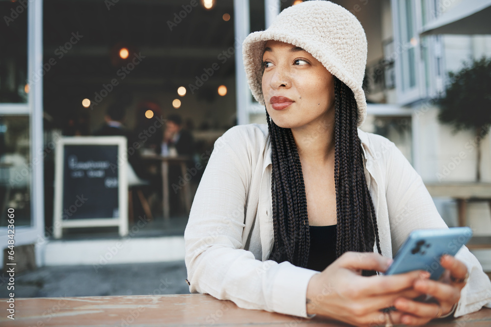 Woman, thinking and phone for communication, network and internet chat with technology or connectivity. Smartphone, person and connection or online scroll for information, conversation and texting