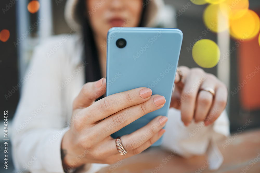 Phone, woman and hand with bokeh for communication, social network and internet chat with technology. Smartphone, person and connection or online scroll for information, conversation and texting