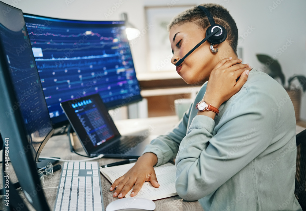 Frustrated woman, call center and neck pain of broker or consultant in stress, burnout or ache at office. Female person or agent with headphones or injury in stock market finance or debt at workplace