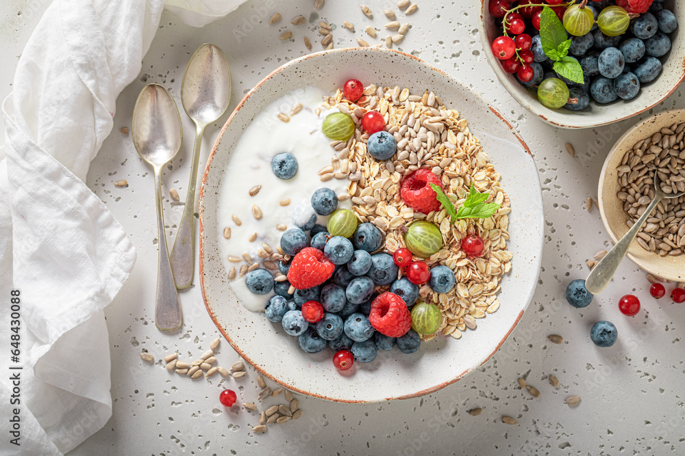 Healthy and tasty oats with berries and yoghurt.