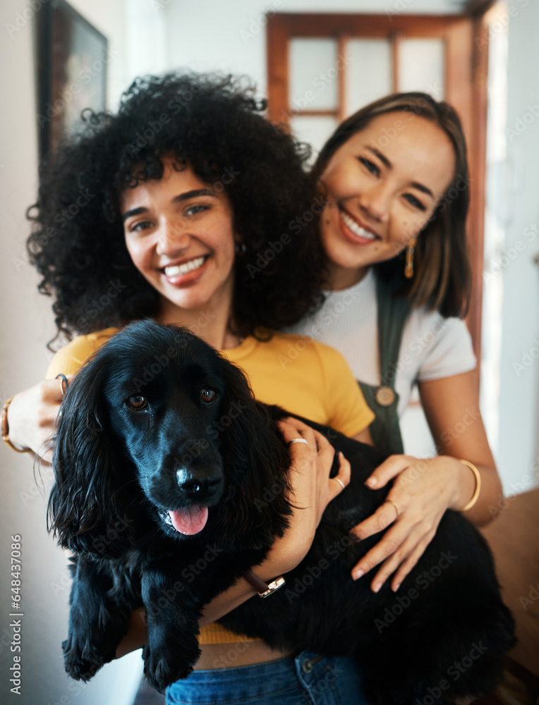 Women, portrait and holding dog with smile in living room of home for puppy, love and happiness indoor. Labrador, animal and people together in house with cuddling and care for bonding and loyalty