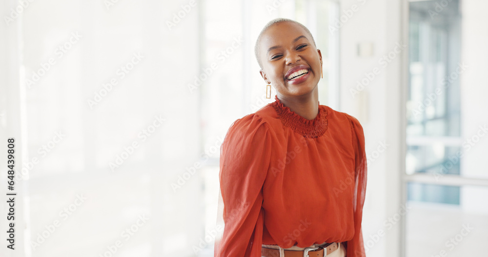 Smile, confident and business black woman in a company happy for startup development or growth at work. Designer, laughing and portrait of young employee or African entrepreneur proud in office