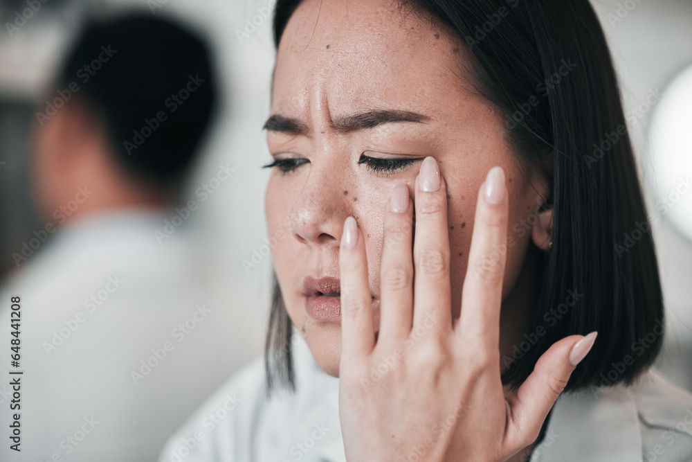 Confused, scientist and stress on face of woman in laboratory with mistake, error or fail in results of research. Frustrated, fatigue and professional burnout in science, lab or person with anxiety