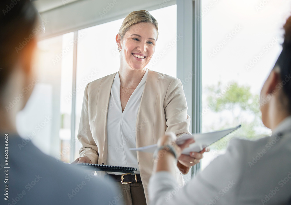 Manager, documents and planning and woman in meeting for strategy, data and research. Workshop, review and brainstorming with employees in office for collaboration, feedback and finance portfolio