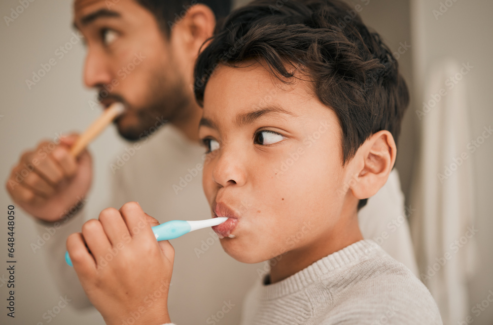 Face, boy and child brushing teeth with father for hygiene, morning routine or development of healthy oral care at home. Kid, dad and toothbrush for dental cleaning, fresh breath or mouth in bathroom