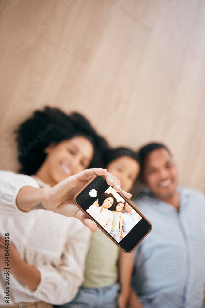 Phone, selfie and happy family in home, top view and bonding together. Smartphone screen, photography and parents, child and smile in portrait, taking profile picture for social media or mockup space