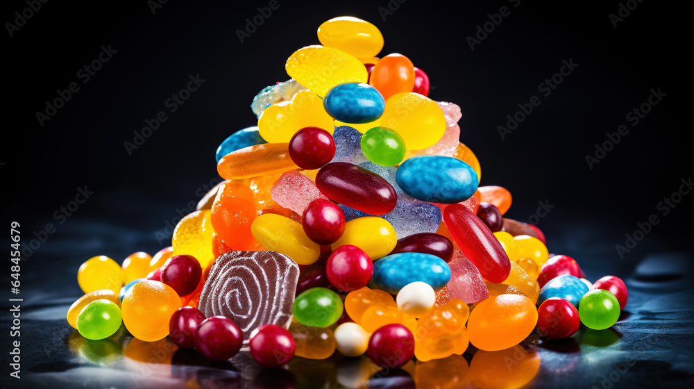 Top view on delicious multicolored candies on black rustic background. Generative AI