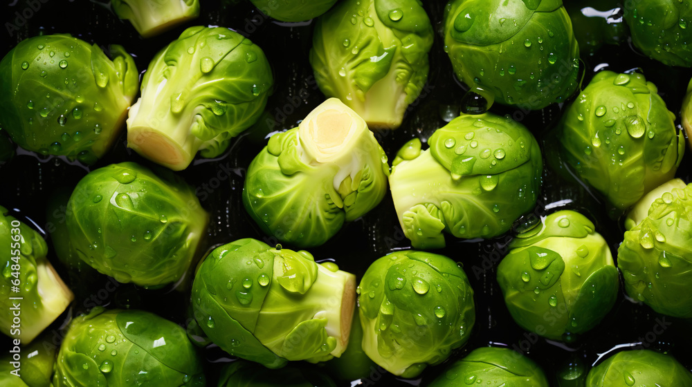 Fresh green brussels sprouts with water drops background. Vegetables backdrop. Generative AI