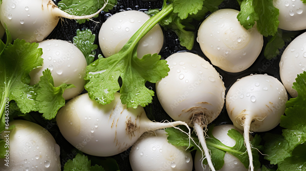 Fresh turnips with water drops background. Vegetables backdrop. Generative AI