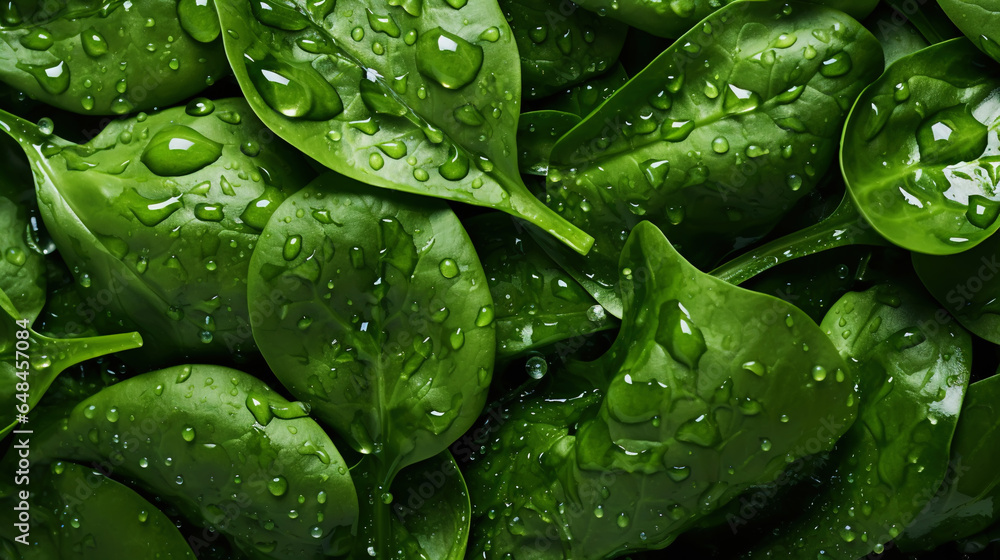 Fresh green spinach leaves with water drops background. Vegetables backdrop. Generative AI