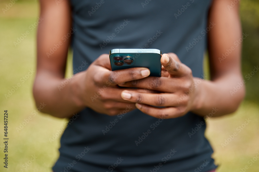 Man, hands and phone typing in fitness, social media or outdoor networking for communication in nature. Closeup of male person in online texting, sports research or chatting on mobile smartphone app