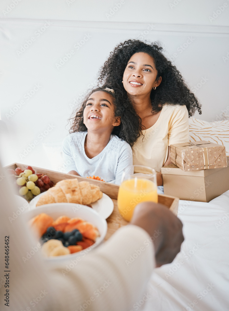 Hands, mothers day and breakfast in bed, home and happy woman with girl, gift box and kindness for love. Mom, child and person with food, brunch and present in bedroom for bonding in family house