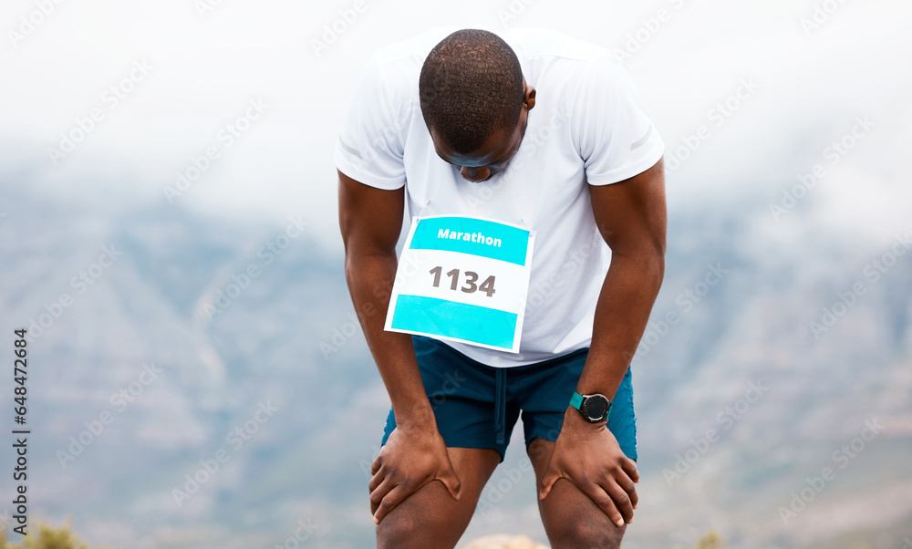 Marathon, break or tired runner on road for exercise, fitness training or outdoor workout. Sports race, black man or exhausted athlete with endurance or fatigue in challenge to relax by mountains