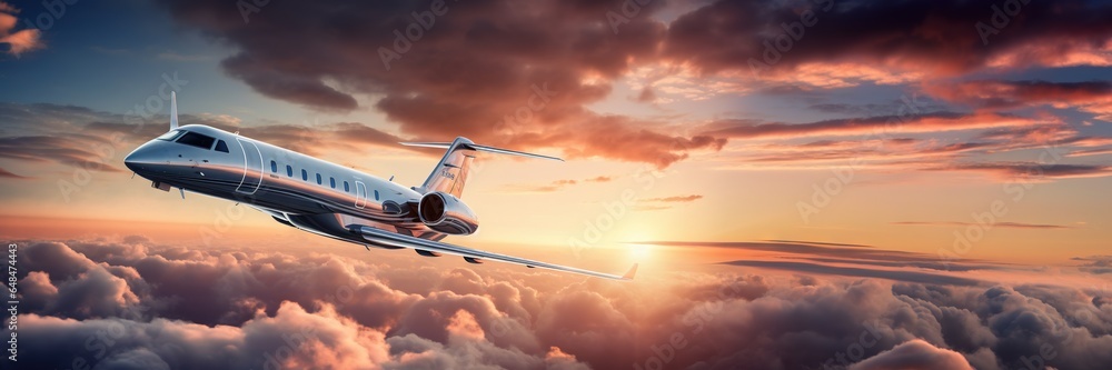 Luxury private jet flying above the clouds, beautiful sunset on background. Travel and airplane concept. Generative AI