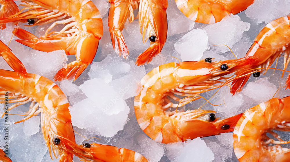 Top view of raw whole king prawns on ice. Seafood background. Generative AI