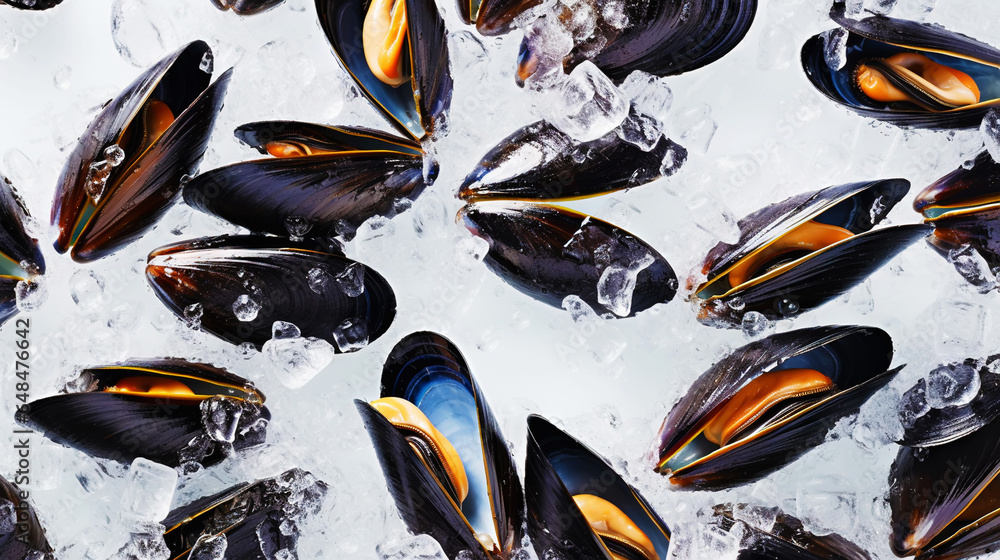 Raw Mussels on ice in the restaurant . Fresh seafood shellfish background. Generative AI