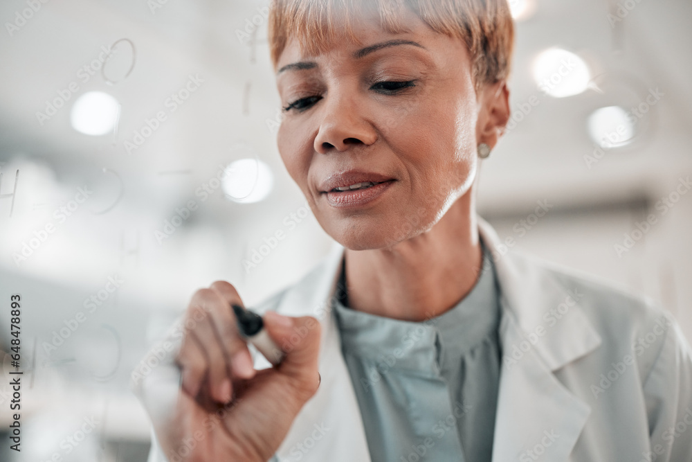 Science, board and a woman writing for research, planning healthcare or schedule for a lab. Physics, future and a female scientist brainstorming ideas, strategy or studying formula goals