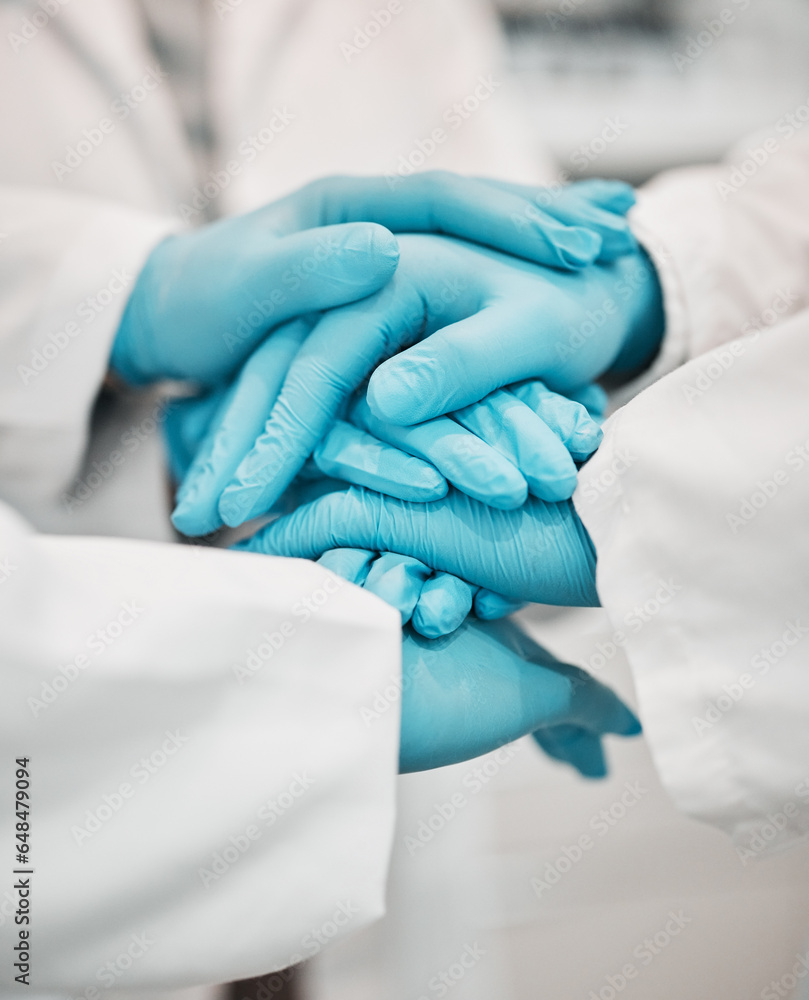 Ppe, Nurses and hands together for support, teamwork and solidarity in hospital with gloves. Doctors, working people and professional in collaboration for healthcare, motivation and community