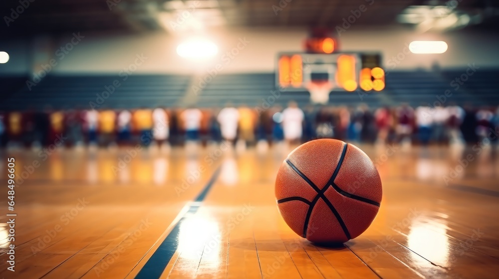 Basketball on court floor at stadium.