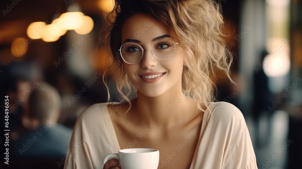 Beautiful woman with cup of coffee in cafe.