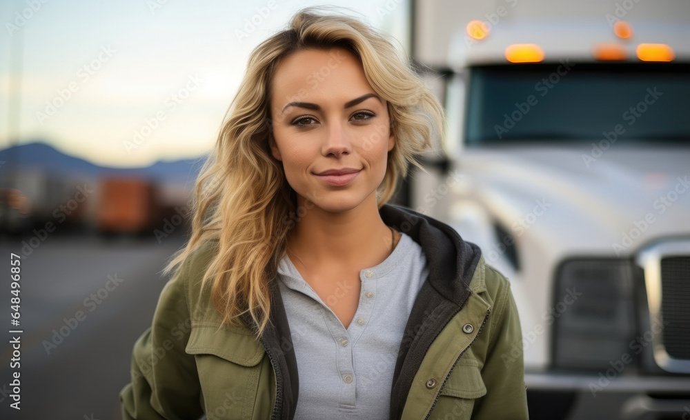 Beautiful woman professional truck driver standing in front of own car.